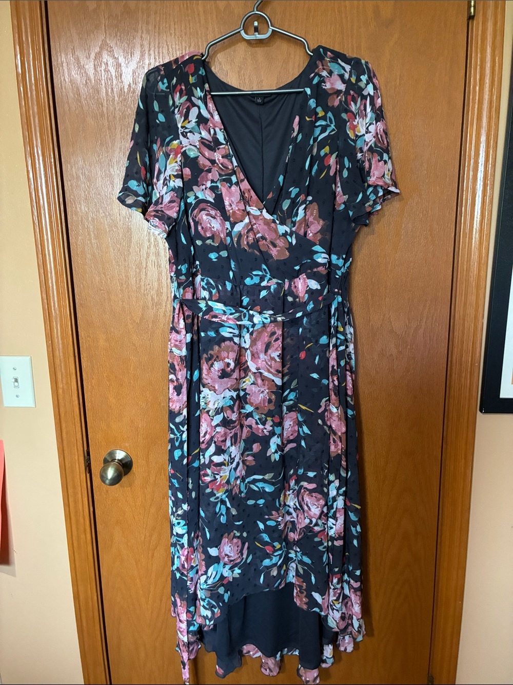 torrid Black Floral Wrap Dress with Rose and Teal Accents